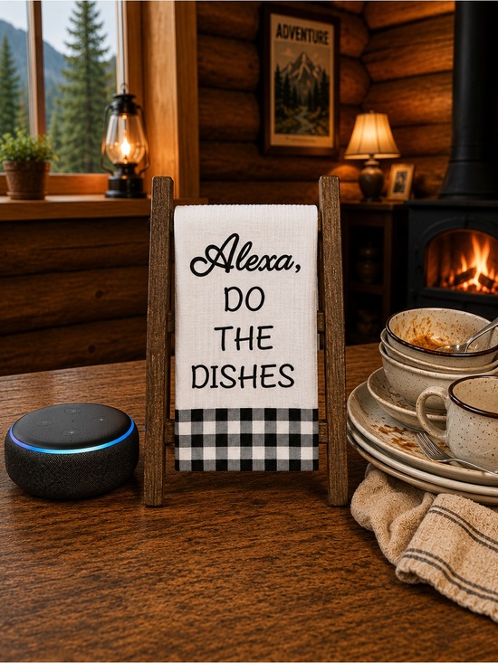 Unknown Other - “Alexa Do The Dishes” White Towel and Black Buffalo Checker Trim